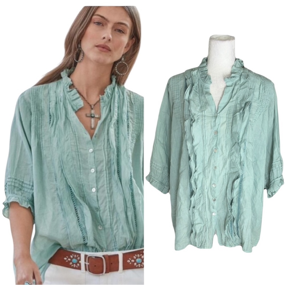 JP & Mattie Sundance Madelaine Mint Crochet Lace Ruffle Pintucked Blouse - M